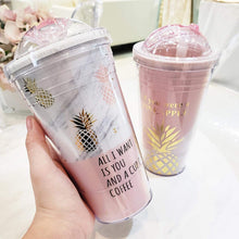 Load image into Gallery viewer, Pink Pineapple Coffee Mugs BPA Free Plastic Water Bottle Travel Mug Portable Tea Milk Juice Cup With Straw Drinkware 420ML 1pc
