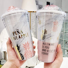 Load image into Gallery viewer, Pink Pineapple Coffee Mugs BPA Free Plastic Water Bottle Travel Mug Portable Tea Milk Juice Cup With Straw Drinkware 420ML 1pc
