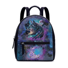 Carica l&#39;immagine nel visualizzatore di Gallery, Cosmic Wolf Gothic Nebula Galaxy Moon Black Blue Backpack Christmas UK Bag Handbag Shoulder Straps Faux Leather School Small Gift for her
