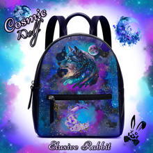 Cargar imagen en el visor de la galería, Cosmic Wolf Gothic Nebula Galaxy Moon Black Blue Backpack Christmas UK Bag Handbag Shoulder Straps Faux Leather School Small Gift for her
