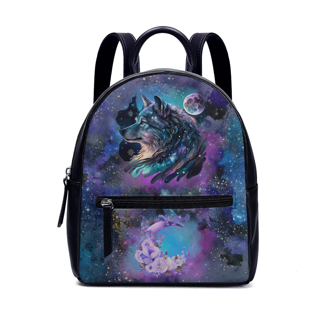 Cosmic Wolf Gothic Nebula Galaxy Moon Black Blue Backpack Christmas UK Bag Handbag Shoulder Straps Faux Leather School Small Gift for her