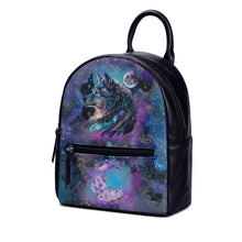 Cargar imagen en el visor de la galería, Cosmic Wolf Gothic Nebula Galaxy Moon Black Blue Backpack Christmas UK Bag Handbag Shoulder Straps Faux Leather School Small Gift for her
