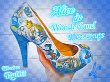 Załaduj obraz do przeglądarki galerii, John Tenniel Classic 1865 Alice In Wonderland Decoupage Custom Personalised Women Glitter Handmade Shoe High Heel Size 3 4 5 6 7 8 Platform
