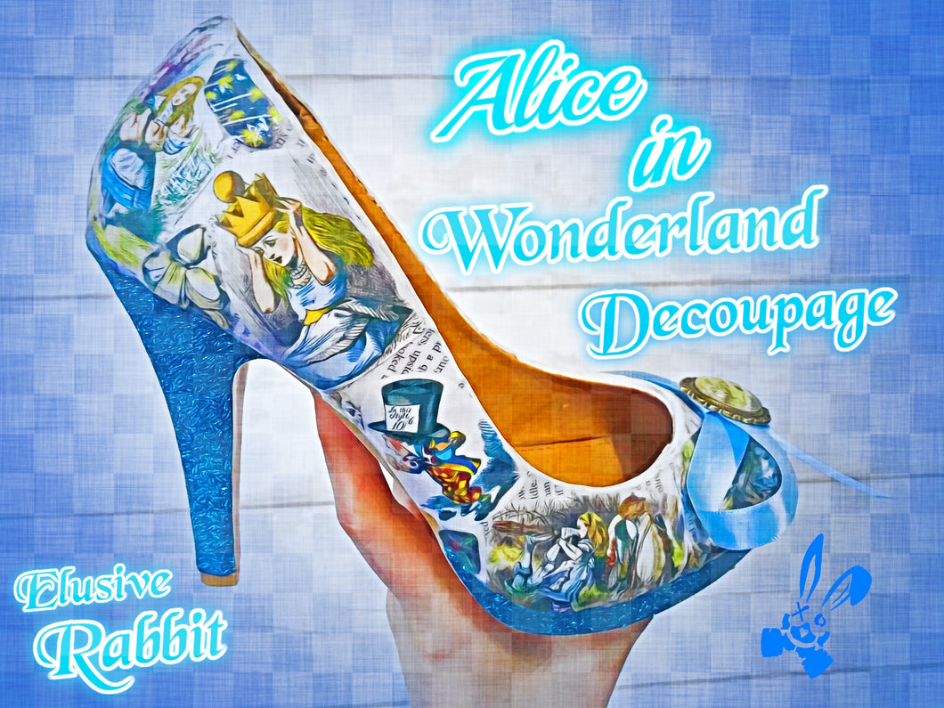 John Tenniel Classic 1865 Alice In Wonderland Decoupage Custom Personalised Women Glitter Handmade Shoe High Heel Size 3 4 5 6 7 8 Platform