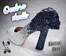 Load image into Gallery viewer, Black &amp; White Ombre Glitter Skull Heels Reaper Goth Gothic Halloween Cosplay Costume Dead Custom Sculpted Black Shoe Size 3 4 5 6 7 8
