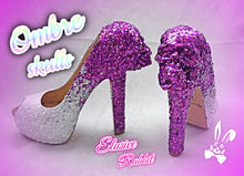 Load image into Gallery viewer, Purple Plum &amp; White Ombre Glitter Skull Heels Reaper Goth Gothic Halloween Cosplay Costume Dead Custom Sculpted Black Shoe Size 3 4 5 6 7 8
