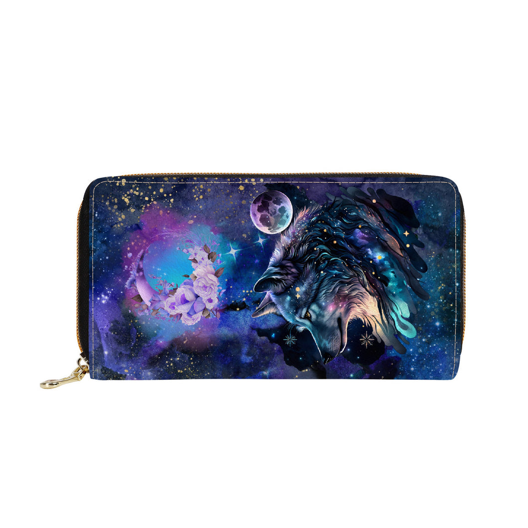 Cosmic Wolf Gothic Nebula Galaxy Moon Space Celestial star Clutch Wallet Purse Zipper Card Holder Clutch Gift Set For Her Christmas Birthday