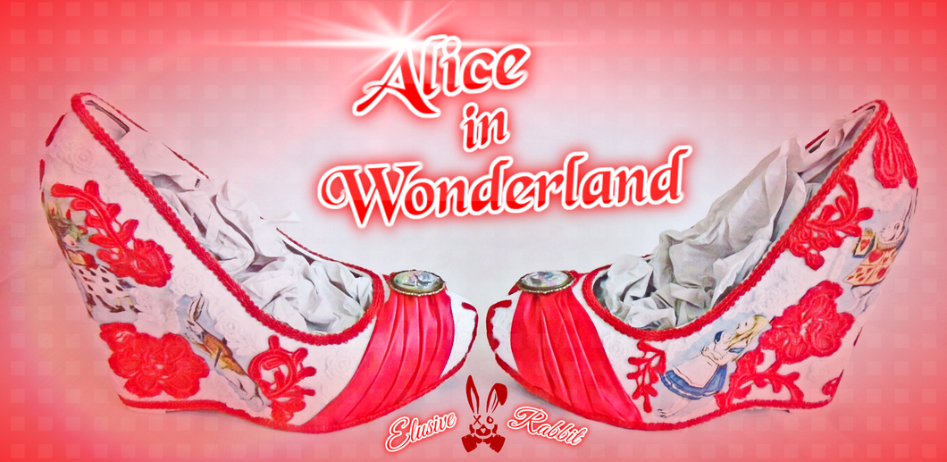 John Tenniel's Classic 1865 Alice In Wonderland Lace Fabric Flower Custom Heel Ribbon Red Shoe Size 3 4 5 6 7 8 Wedding Bridal Wedge Women