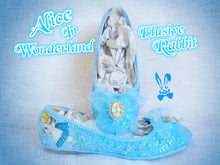 Load image into Gallery viewer, John Tenniel Classic 1865 Alice In Wonderland Sequin Glitter Lace Fabric Custom Dolly Ribbon Blue Shoe Flat Size 3 4 5 6 7 8 Wedding Bridal
