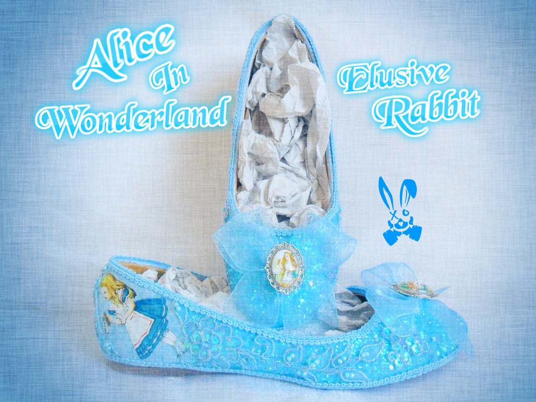 John Tenniel Classic 1865 Alice In Wonderland Sequin Glitter Lace Fabric Custom Dolly Ribbon Blue Shoe Flat Size 3 4 5 6 7 8 Wedding Bridal
