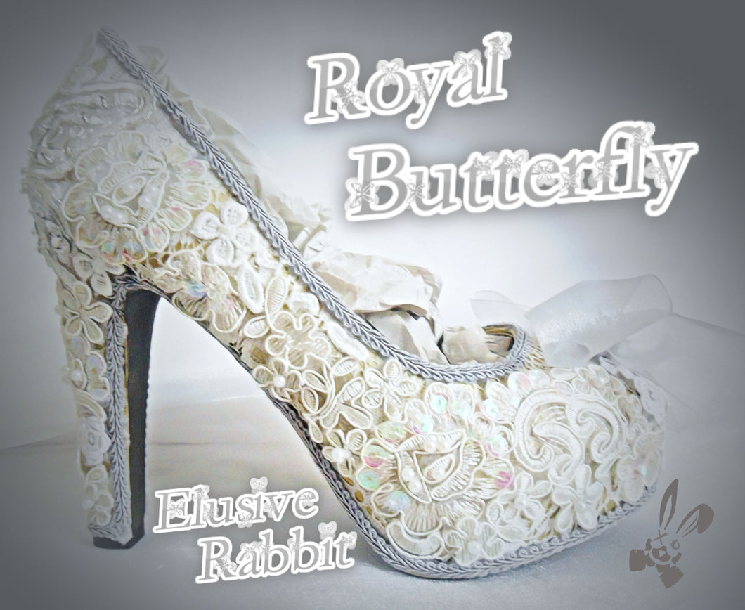 Royal Butterfly Bridal Heels Lace Sequin Fabric Custom Heel Ribbon Gold Silver Shoe Size 3 4 5 6 7 8 Wedding Bridal Women butterflies floral