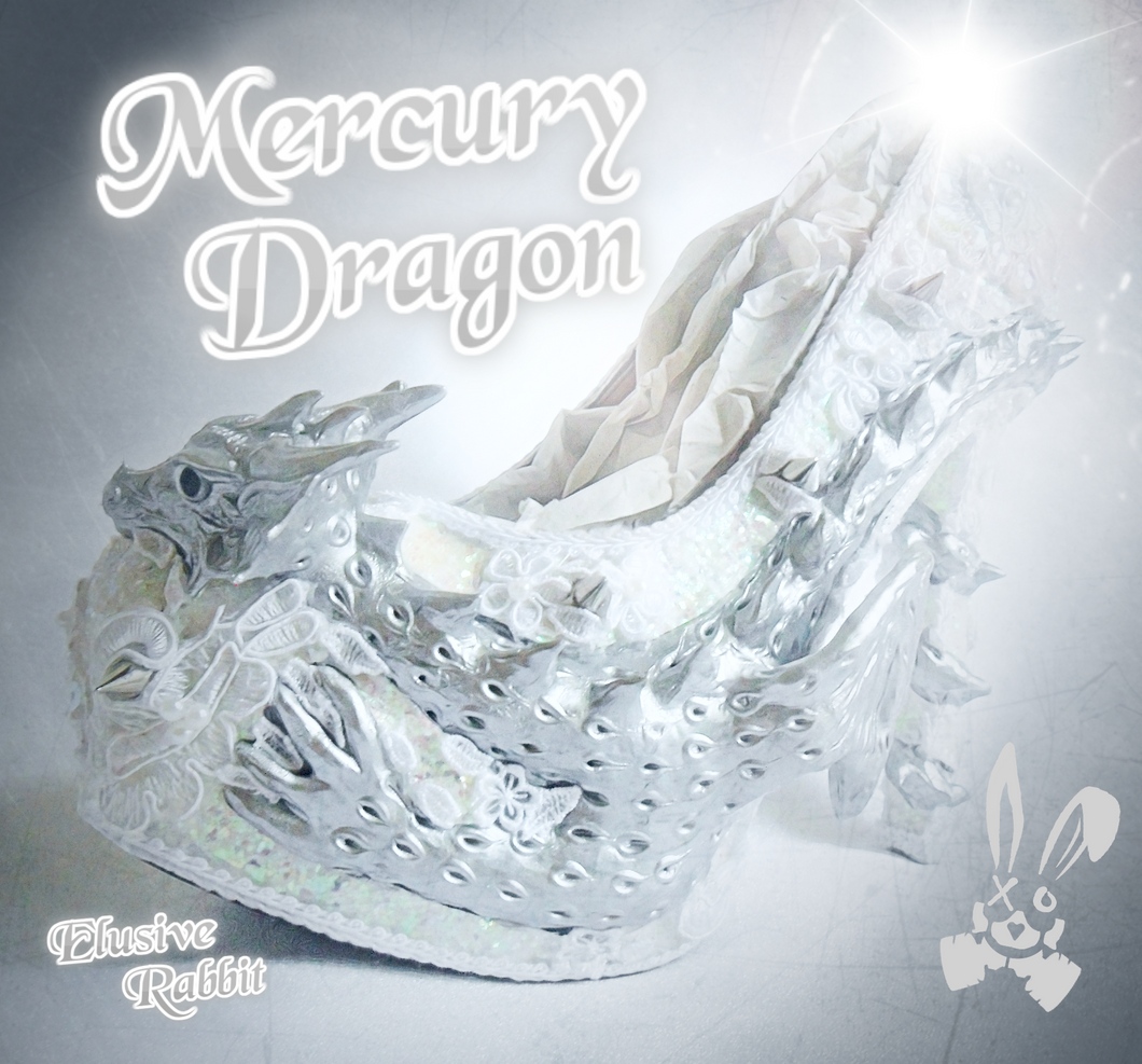 The Mercury Dragon Heels Custom Hand Sculpt Kraken Shoe Size 3 4 5 6 7 8  High Wedge Fantasy Mythical Bridal Wedding Alternative White Lace