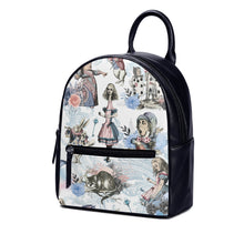 Load image into Gallery viewer, Alice in Wonderland Backpack White and Baby Blue Pattern
