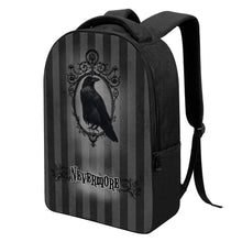 Lade das Bild in den Galerie-Viewer, Nevermore Black Grey Edgar Allan Poe Raven Laptop Backpack Wednesday Addams
