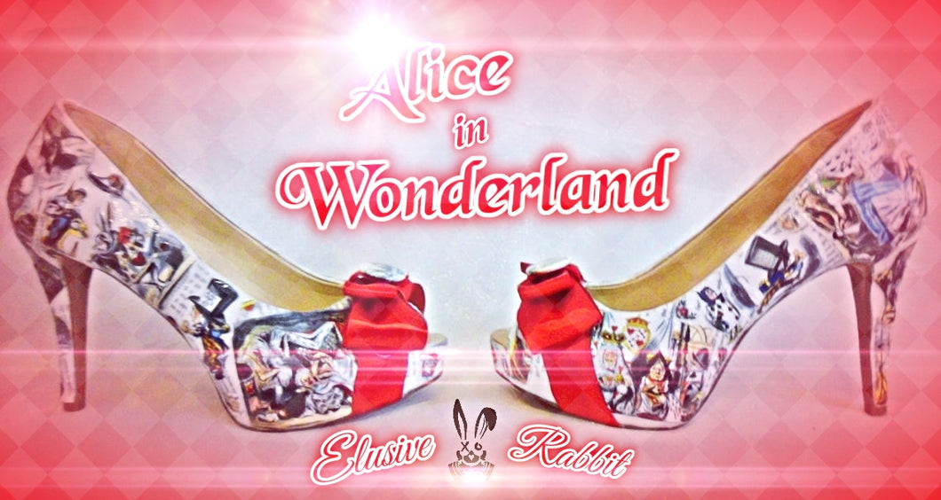 John Tenniel's Classic 1865 Alice In Wonderland Decoupage Custom Peep Toe Women Glitter Handmade Shoe High Heel Size 3 4 5 6 7 8 Platform