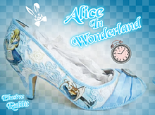 Carica l&#39;immagine nel visualizzatore di Gallery, John Tenniel&#39;s Classic 1865 Alice In Wonderland Lace Fabric Custom Heel Ribbon Blue Shoe Size 3 4 5 6 7 8 Wedding Bridal Women 3&quot; Kitten Low
