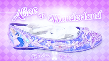 Cargar imagen en el visor de la galería, John Tenniel Classic 1865 Alice In Wonderland Sequin Glitter Lace Fabric Custom Dolly Ribbon Purple Shoe Flat Size 3 4 5 6 7 8 Weddin Bridal
