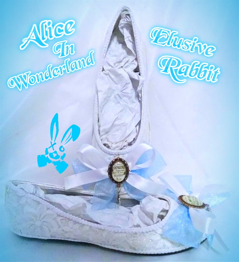Alice in Wonderland White Silver Charm Blue Lace Custom Dolly Ribbon Shoe Flat Wedding Bridal Vintage Brooch Size 3 4 5 6 7 8 Wedge Heel