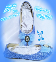 Cargar imagen en el visor de la galería, Alice in Wonderland Glow in the Dark Bottle Charm Blue Glitter Custom Dolly Ribbon Shoe Flat Wedding Bridal Size 3 4 5 6 7 8 Wedge Heel
