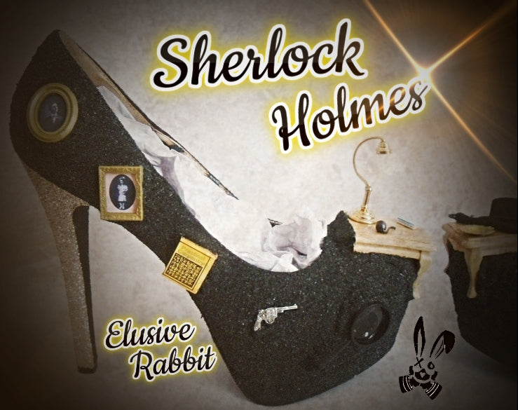 Sherlock Holmes Black Gold Miniature Custom Glitter Shoe High Heel Size 3 4 5 6 7 8  Platform UK Women hat art mystery crime detective new