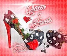 Załaduj obraz do przeglądarki galerii, Alice In Wonderland Queen Of Hearts White Party Flower Custom Glitter Ribbon Red Shoe High Heel Size 3 4 5 6 7 8  High Platform UK Women
