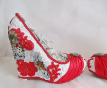 Load image into Gallery viewer, John Tenniel&#39;s Classic 1865 Alice In Wonderland Lace Fabric Flower Custom Heel Ribbon Red Shoe Size 3 4 5 6 7 8 Wedding Bridal Wedge Women
