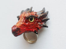 Load image into Gallery viewer, Fire Dragon Head Ring Custom Hand Sculpt Paint Red Yellow Black Multicolour Adjustable Kraken Mens Womens Unisex Octopus Jewelry

