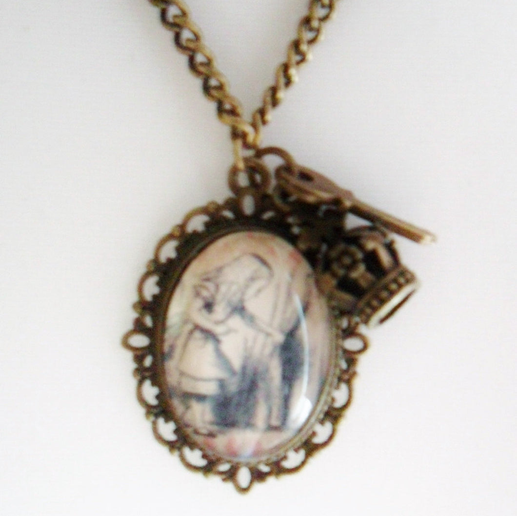 John Tenniel's Classic 1865 Vintage Alice in Wonderland Lace Custom Necklace Hand Bronze Adjustable Jewellery Pendant Brooch Antique Glass