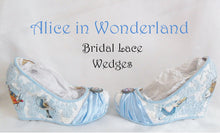 Załaduj obraz do przeglądarki galerii, John Tenniel&#39;s Classic 1865 Alice In Wonderland Lace Fabric Flower Custom Heel Ribbon Blue Shoe Size 3 4 5 6 7 8 Wedding Bridal Wedge Women
