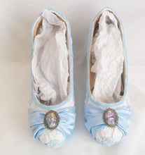 Load image into Gallery viewer, John Tenniel&#39;s Classic 1865 Alice In Wonderland Lace Fabric Flower Custom Heel Ribbon Blue Shoe Size 3 4 5 6 7 8 Wedding Bridal Wedge Women
