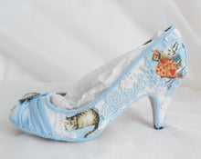 Load image into Gallery viewer, John Tenniel&#39;s Classic 1865 Alice In Wonderland Lace Fabric Custom Heel Ribbon Blue Shoe Size 3 4 5 6 7 8 Wedding Bridal Women 3&quot; Kitten Low
