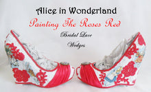 Załaduj obraz do przeglądarki galerii, John Tenniel&#39;s Classic 1865 Alice In Wonderland Lace Fabric Flower Custom Heel Ribbon Red Shoe Size 3 4 5 6 7 8 Wedding Bridal Wedge Women
