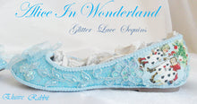 Załaduj obraz do przeglądarki galerii, John Tenniel Classic 1865 Alice In Wonderland Sequin Glitter Lace Fabric Custom Dolly Ribbon Blue Shoe Flat Size 3 4 5 6 7 8 Wedding Bridal
