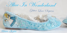 Load image into Gallery viewer, John Tenniel Classic 1865 Alice In Wonderland Sequin Glitter Lace Fabric Custom Dolly Ribbon Blue Shoe Flat Size 3 4 5 6 7 8 Wedding Bridal
