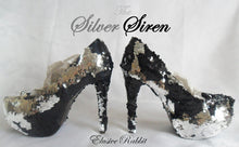 Załaduj obraz do przeglądarki galerii, Silver Siren Scales Mermaid Reversible Sequin Fabric Heels Custom Womens Shoe High Stiletto Size 3 4 5 6 7 8 Platform Party Christmas

