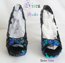 Załaduj obraz do przeglądarki galerii, Siren Scales Mermaid Reversible Sequin Fabric Heels Custom Personalized Womens Shoe High Stiletto Size 3 4 5 6 7 8 Platform Party Christmas
