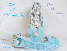 Załaduj obraz do przeglądarki galerii, John Tenniel Classic 1865 Alice In Wonderland Sequin Glitter Lace Fabric Custom Dolly Ribbon Blue Shoe Flat Size 3 4 5 6 7 8 Wedding Bridal
