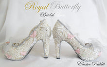 Lade das Bild in den Galerie-Viewer, Royal Butterfly Bridal Heels Lace Sequin Fabric Custom Heel Ribbon Gold Silver Shoe Size 3 4 5 6 7 8 Wedding Bridal Women butterflies floral
