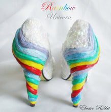 Load image into Gallery viewer, Rainbow Unicorn Sequin Heels Lace Fabric Custom Heel Ribbon White Shoe Size 3 4 5 6 7 8 Wedding Bridal Women floral Horse Fantasy Sparkly
