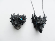 Load image into Gallery viewer, Dragon Head Necklace Ring Set Custom Hand Sculpt Paint Black Multicolour Kraken Adjustable Mens Womens Unisex Jewelry Goth Gothic rockabilly
