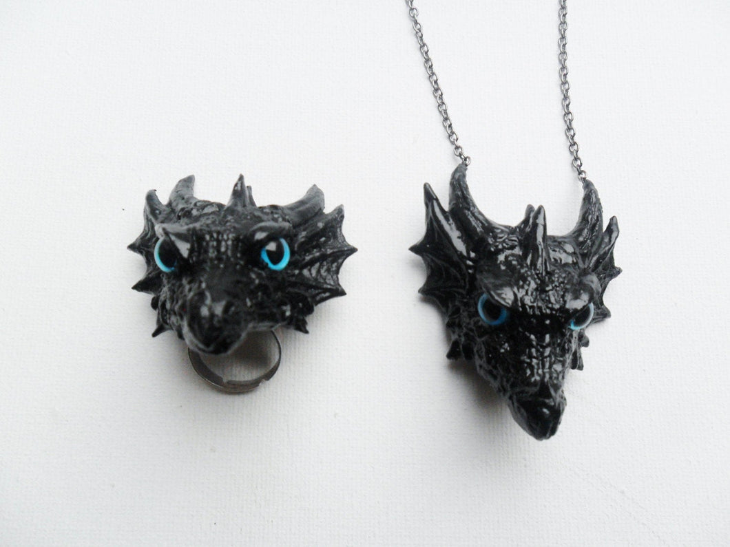 Dragon Head Necklace Ring Set Custom Hand Sculpt Paint Black Multicolour Kraken Adjustable Mens Womens Unisex Jewelry Goth Gothic rockabilly