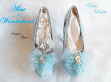 Cargar imagen en el visor de la galería, John Tenniel&#39;s Classic 1865 Alice In Wonderland 5.5&quot; Lace Sequin Fabric Custom Heel Ribbon Blue Shoe Size 3 4 5 6 7 8 Wedding Bridal Women
