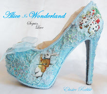 Load image into Gallery viewer, John Tenniel&#39;s Classic 1865 Alice In Wonderland 5.5&quot; Lace Sequin Fabric Custom Heel Ribbon Blue Shoe Size 3 4 5 6 7 8 Wedding Bridal Women
