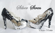Lade das Bild in den Galerie-Viewer, Silver Siren Scales Mermaid Reversible Sequin Fabric Heels Custom Womens Shoe High Stiletto Size 3 4 5 6 7 8 Platform Party Christmas
