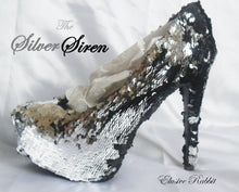 Cargar imagen en el visor de la galería, Silver Siren Scales Mermaid Reversible Sequin Fabric Heels Custom Womens Shoe High Stiletto Size 3 4 5 6 7 8 Platform Party Christmas
