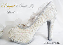 Załaduj obraz do przeglądarki galerii, Royal Butterfly Bridal Heels Lace Sequin Fabric Custom Heel Ribbon Gold Silver Shoe Size 3 4 5 6 7 8 Wedding Bridal Women butterflies floral
