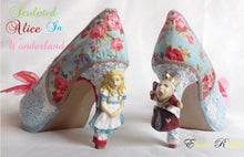 Load image into Gallery viewer, Sculpted John Tenniel&#39;s Classic 1865 Alice In Wonderland Lace Fabric Custom Heel Ribbon Blue Shoe Size 3 4 5 6 7 8 Wedding Bridal Heel Women
