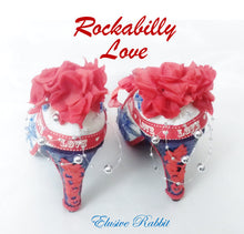 Załaduj obraz do przeglądarki galerii, Rockabilly Love Heels Red Blue 1950&#39;s Flower Lace Fabric Custom Heel Ribbon Ivory Shoe Size 3 4 5 6 7 8 Wedding Bridal Love Gem Ribbon Navy

