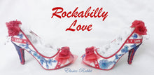 Załaduj obraz do przeglądarki galerii, Rockabilly Love Heels Red Blue 1950&#39;s Flower Lace Fabric Custom Heel Ribbon Ivory Shoe Size 3 4 5 6 7 8 Wedding Bridal Love Gem Ribbon Navy
