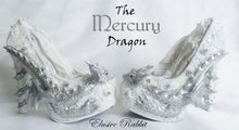 Load image into Gallery viewer, The Mercury Dragon Heels Custom Hand Sculpt Kraken Shoe Size 3 4 5 6 7 8  High Wedge Fantasy Mythical Bridal Wedding Alternative White Lace
